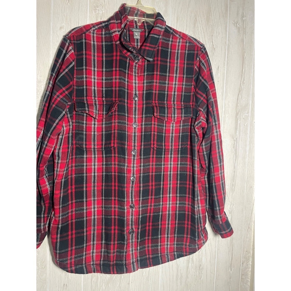 Eddie Bauer Red Plaid Flannel Button Shirt Jacket Shacket Women's Size Medium